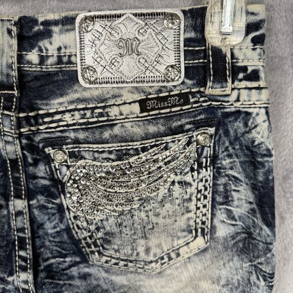 Miss Me Jeans Women’s Blue Angel Wing Bling Pockets 27 Acid Wash Thick Stitch - Picture 6 of 9
